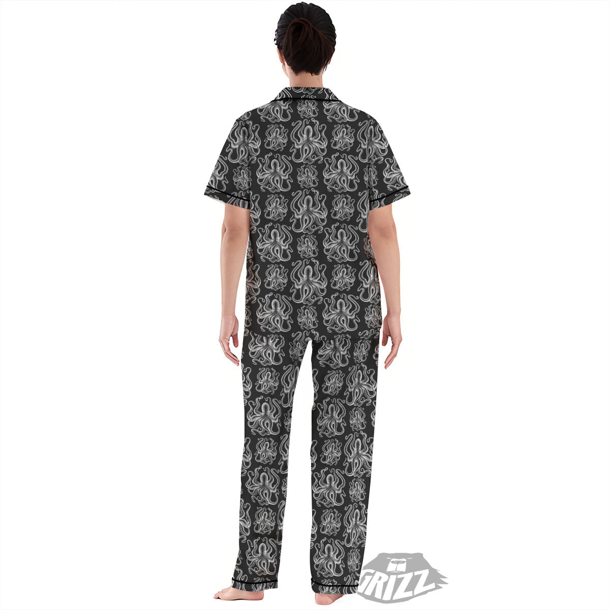 Octopus White And Black Print Pattern Women's Pajamas Set-grizzshop