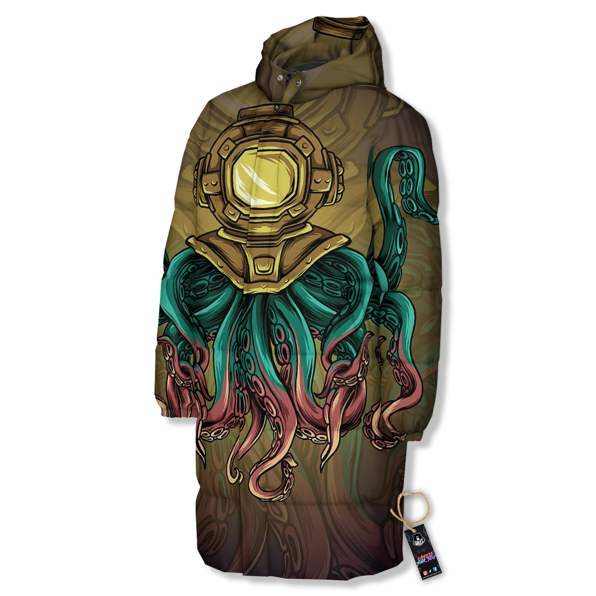 Octopus And Diving Helmet Print Long Down Jacket