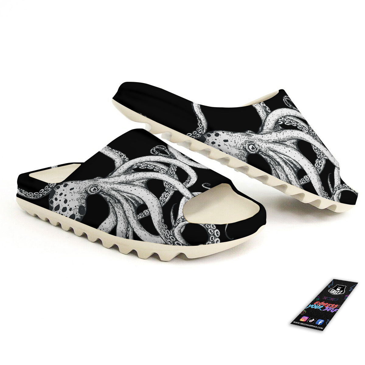 Octopus Tentacles White And Black Print Sandals-grizzshop