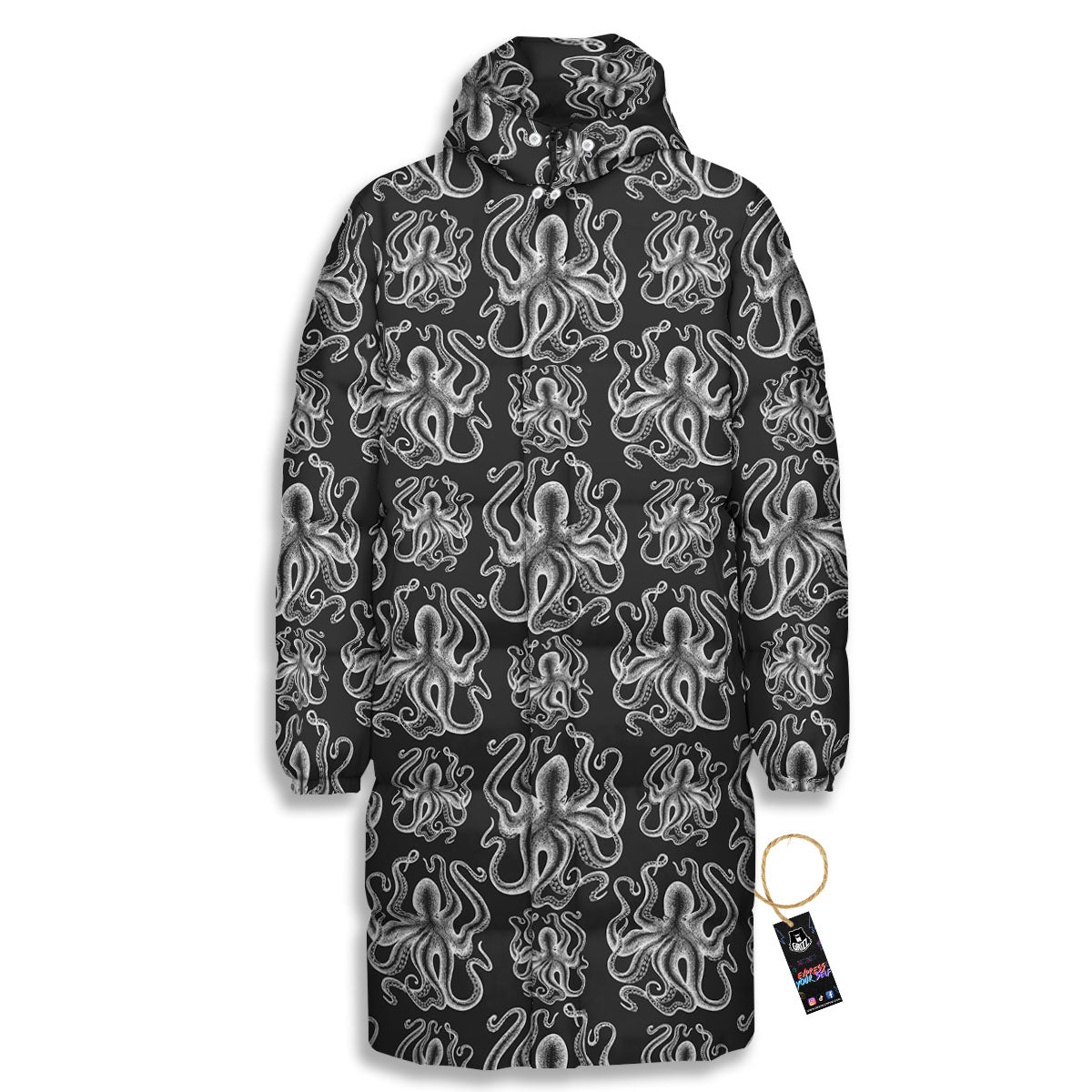 Octopus White And Black Print Pattern Long Down Jacket