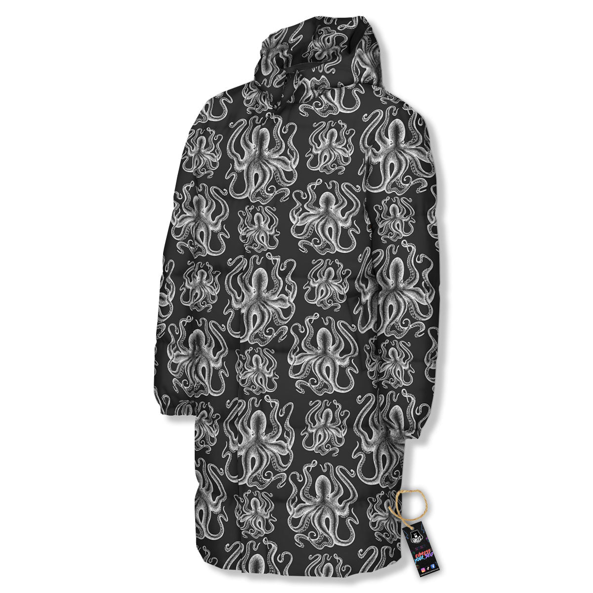 Octopus White And Black Print Pattern Long Down Jacket