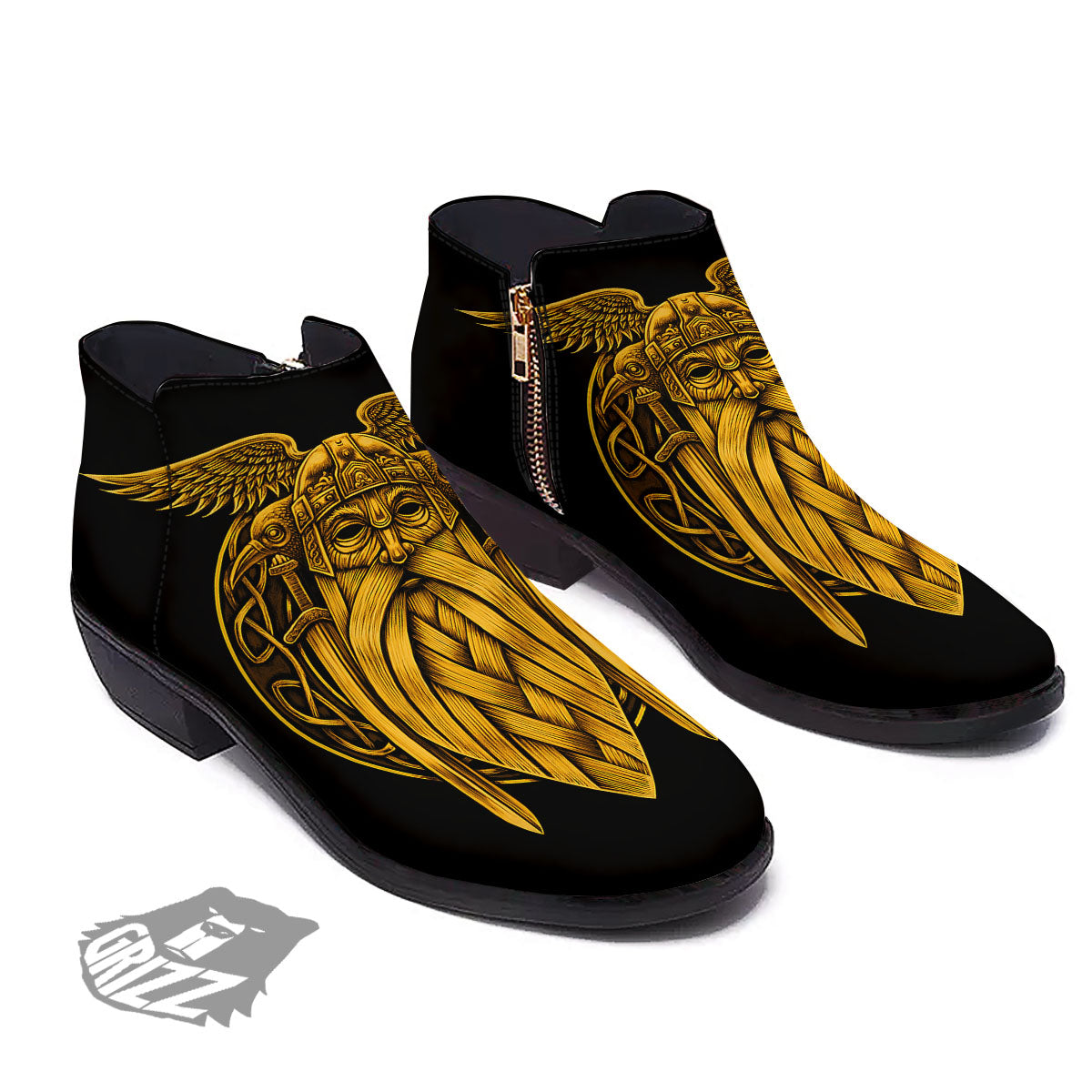 Odin God And Crow Gold Viking Print Ankle Boots-grizzshop