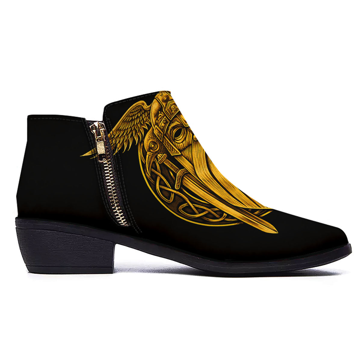 Odin God And Crow Gold Viking Print Ankle Boots-grizzshop
