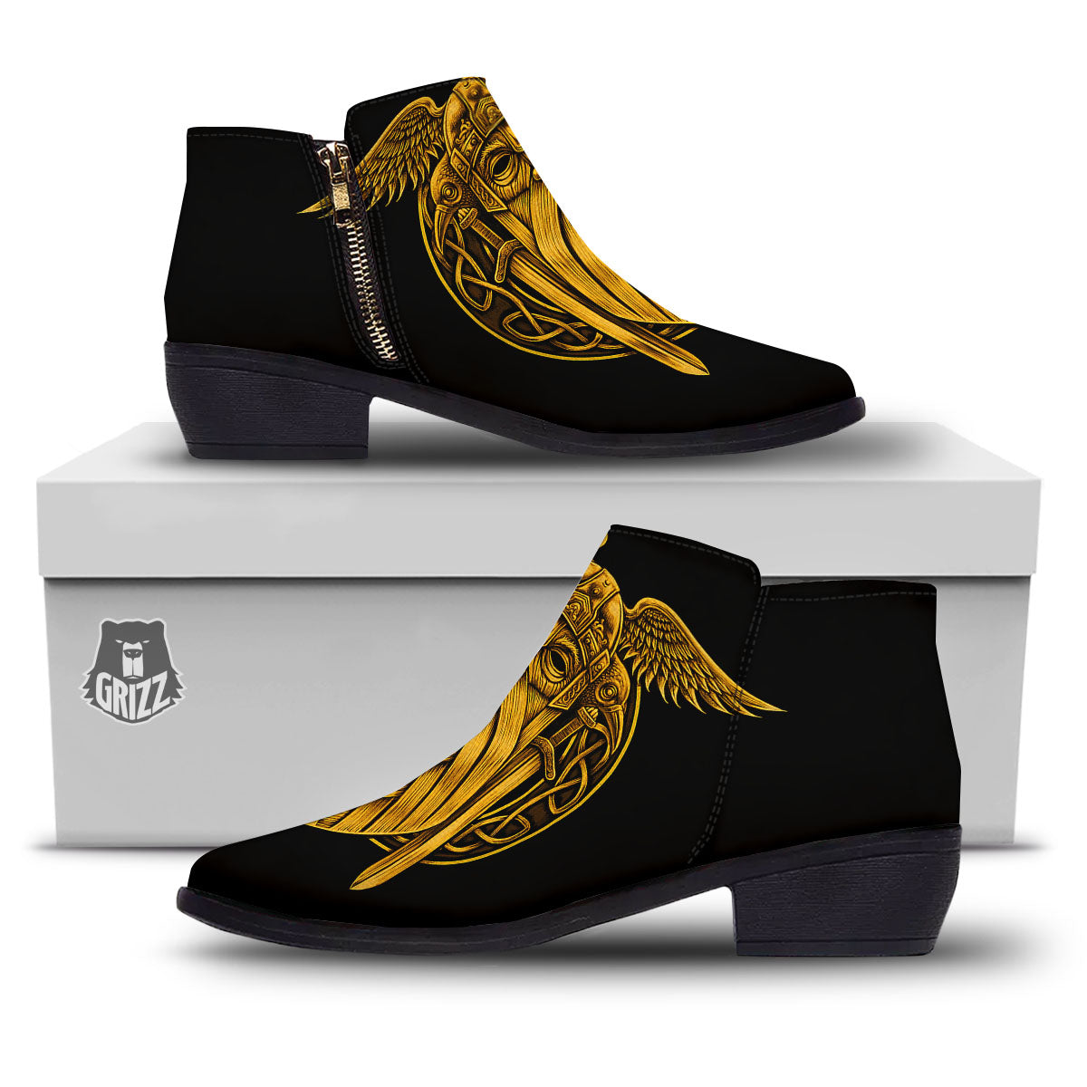 Odin God And Crow Gold Viking Print Ankle Boots-grizzshop