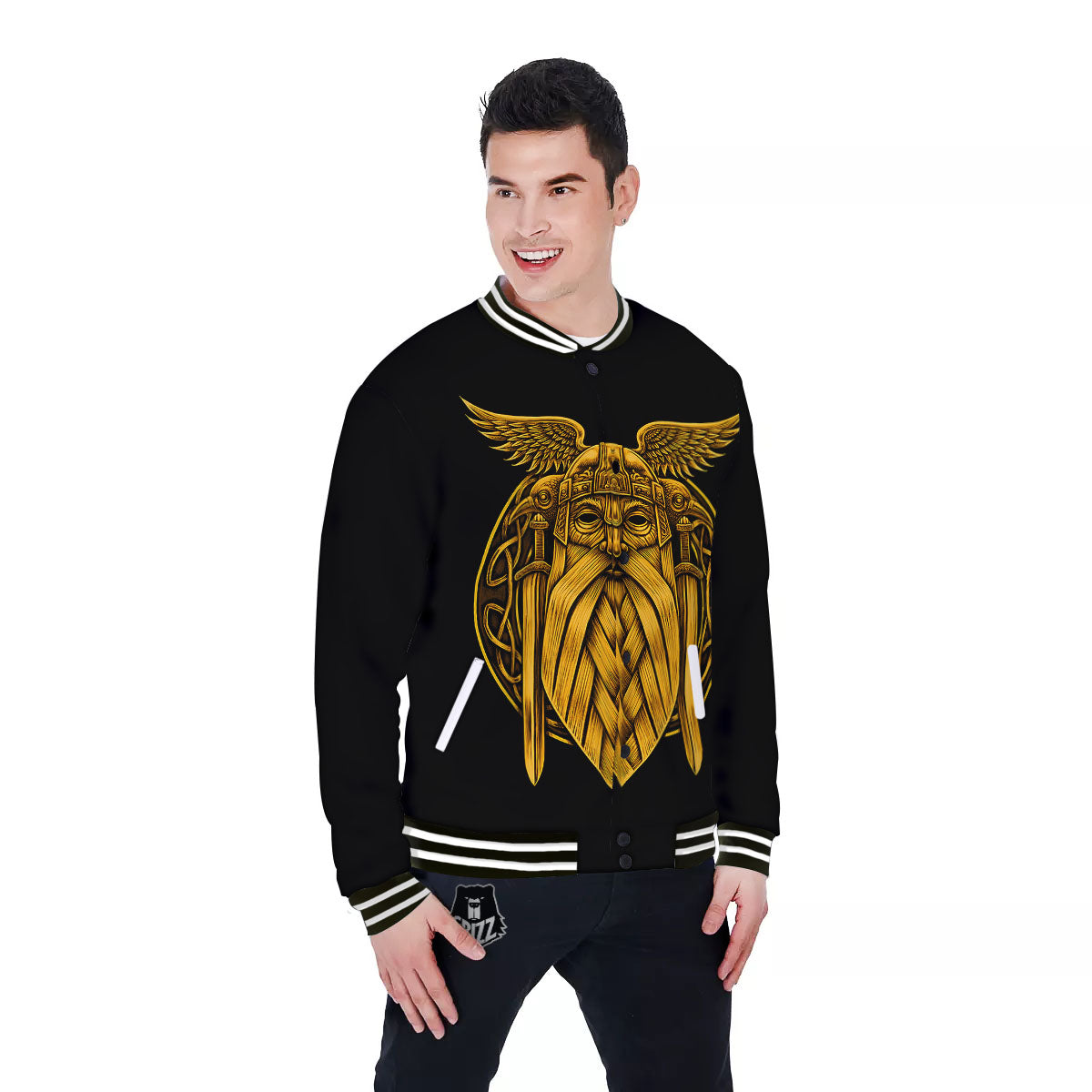 Odin God And Crow Gold Viking Print Baseball Jacket-grizzshop