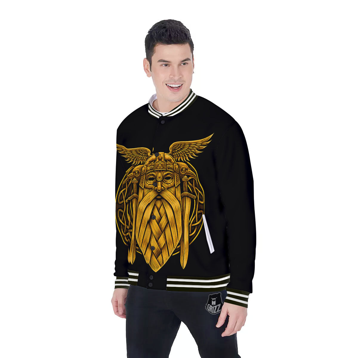 Odin God And Crow Gold Viking Print Baseball Jacket-grizzshop