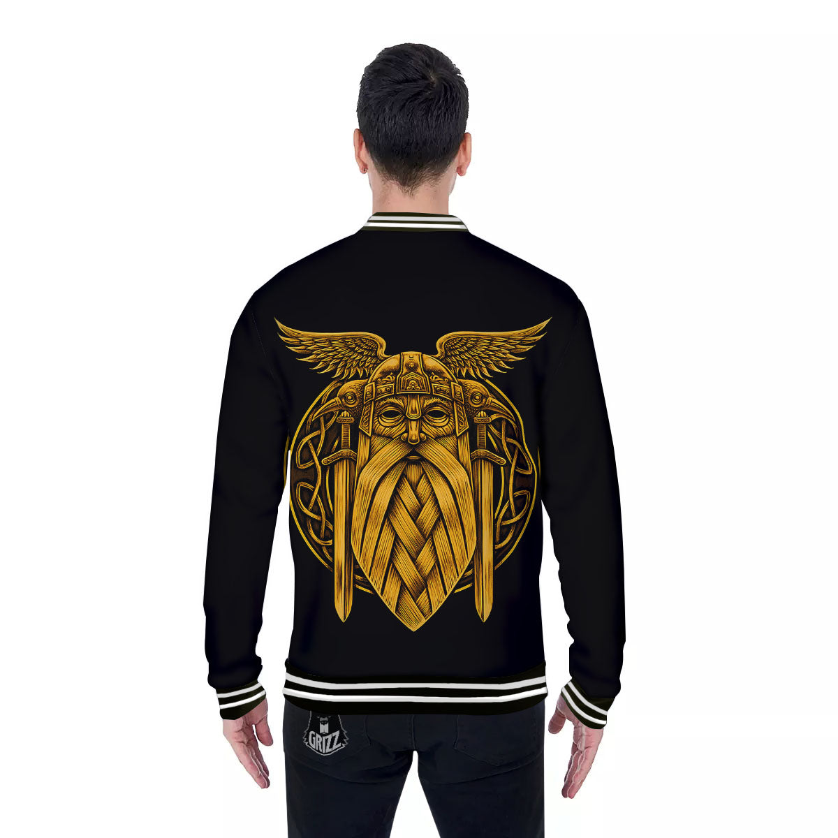 Odin God And Crow Gold Viking Print Baseball Jacket-grizzshop