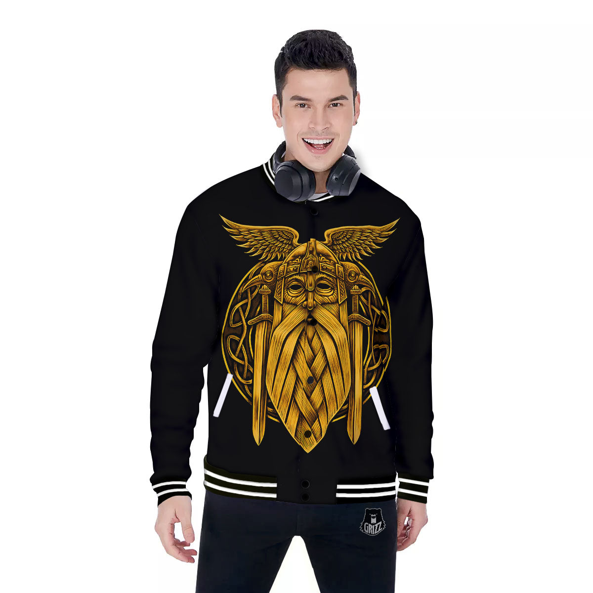 Odin God And Crow Gold Viking Print Baseball Jacket-grizzshop