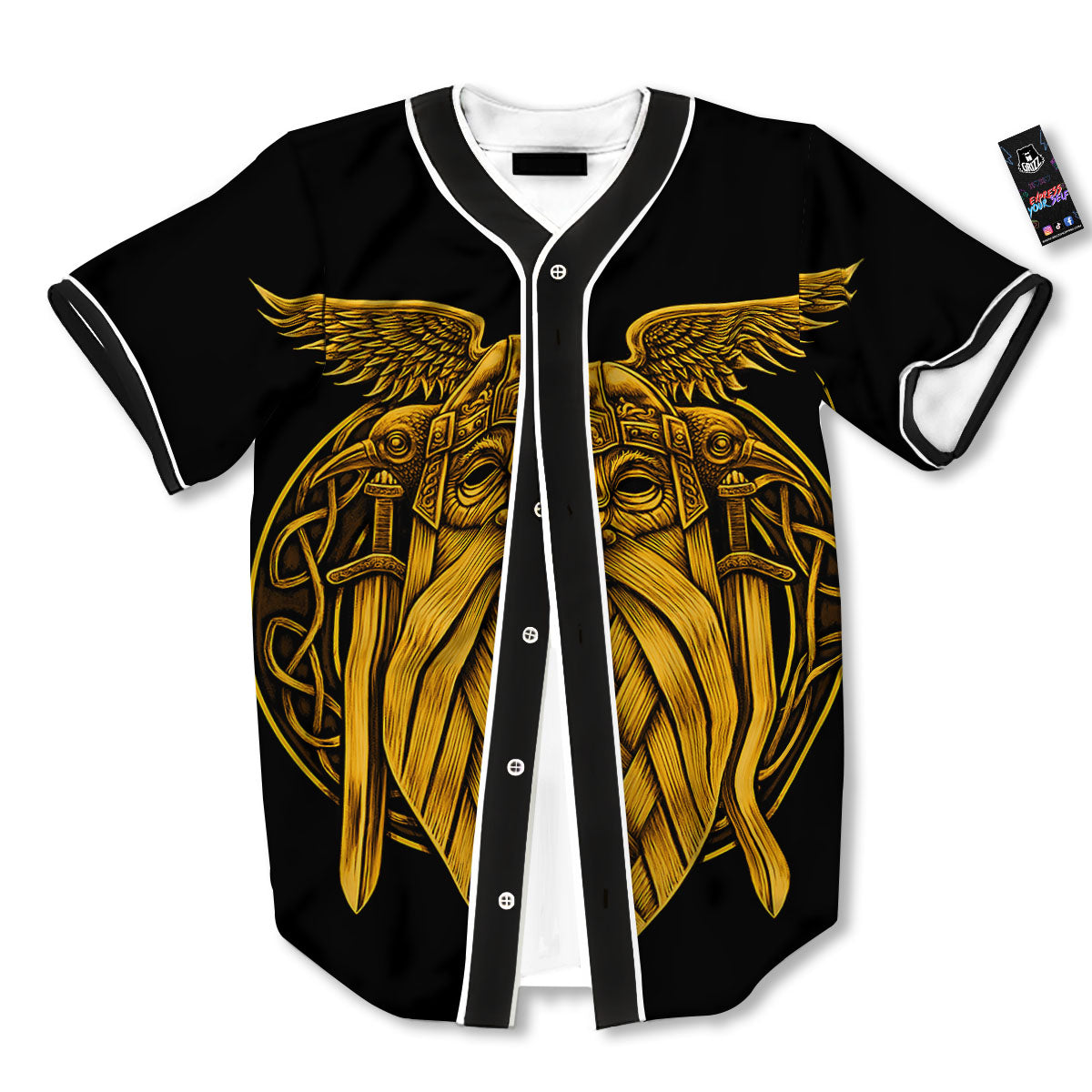 Odin God And Crow Gold Viking Print Baseball Jersey-grizzshop