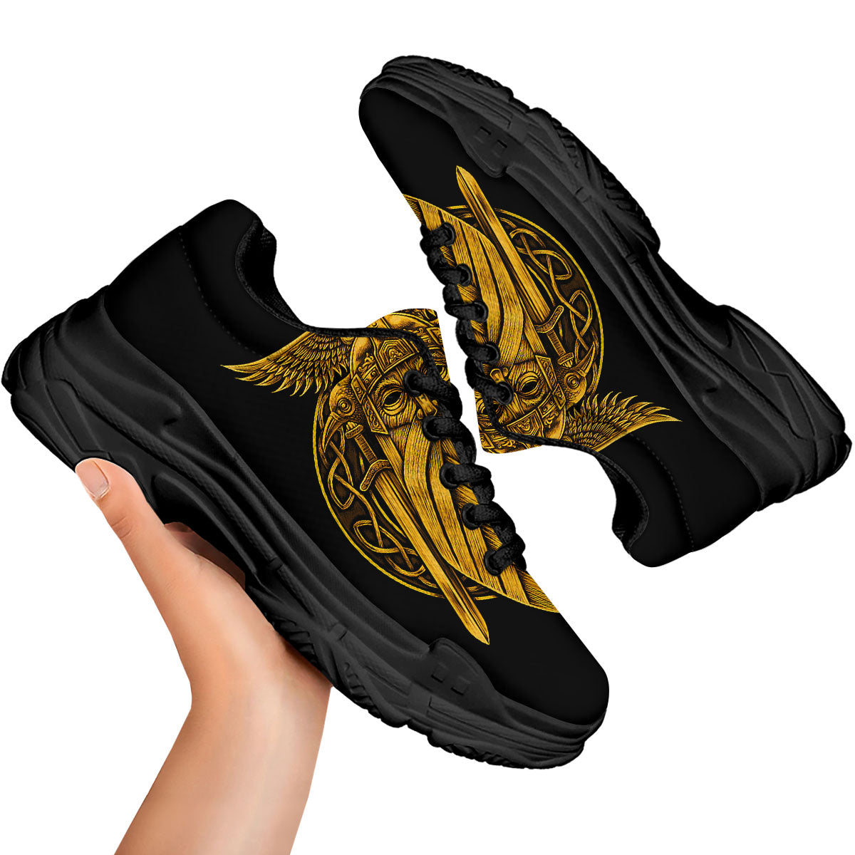 Odin God And Crow Gold Viking Print Black Chunky Shoes-grizzshop