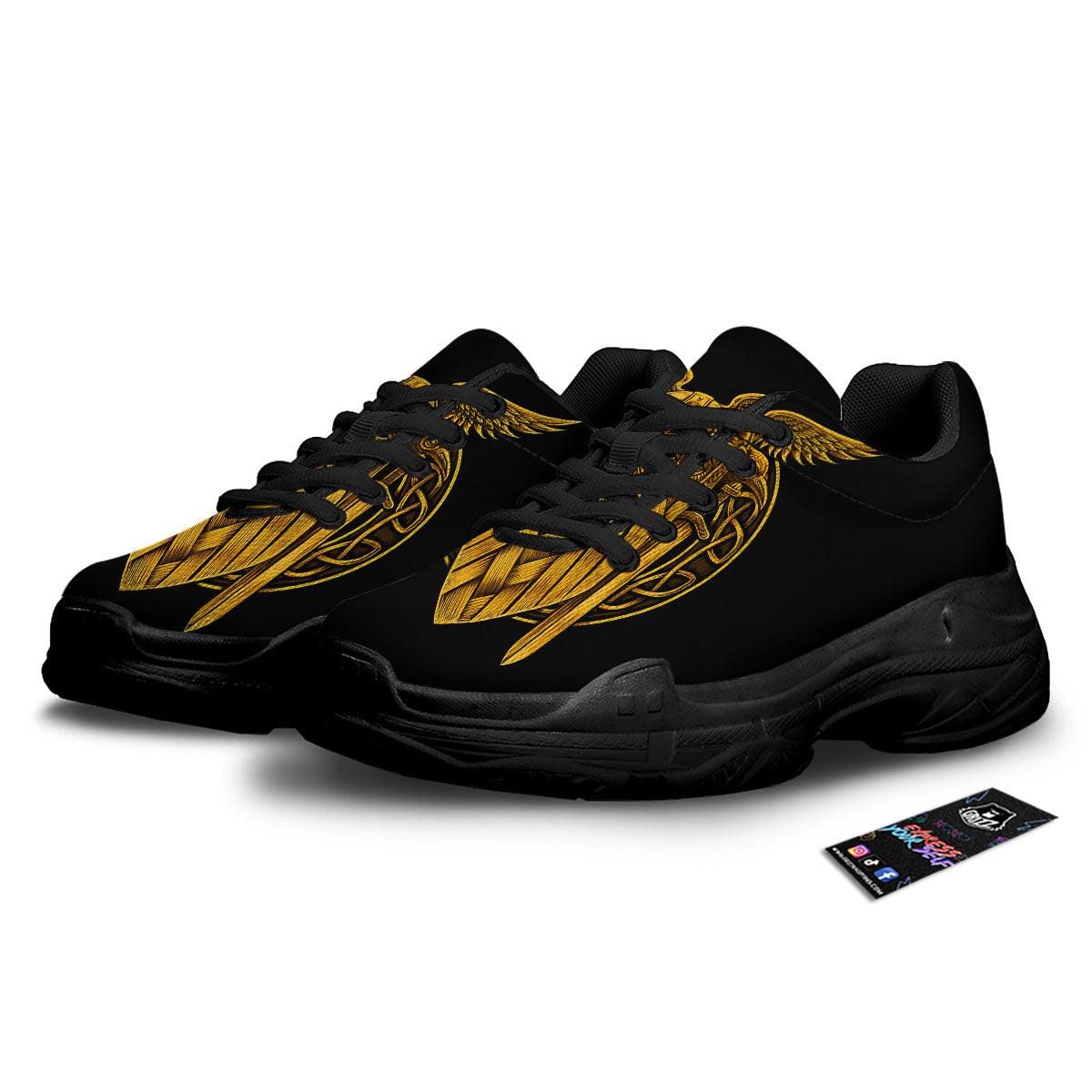 Odin God And Crow Gold Viking Print Black Chunky Shoes-grizzshop