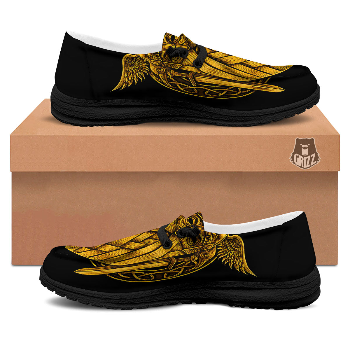 Odin God And Crow Gold Viking Print Black Loafers-grizzshop