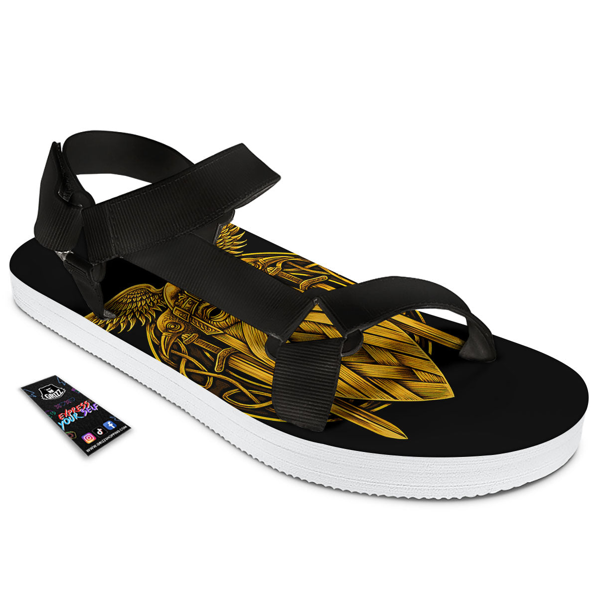 Odin God And Crow Gold Viking Print Black Open Toe Sandals-grizzshop