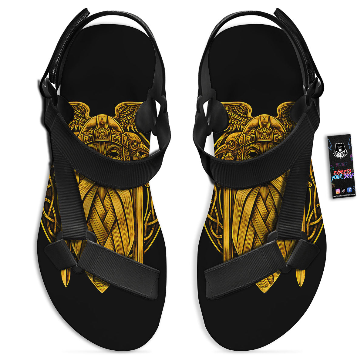 Odin God And Crow Gold Viking Print Black Open Toe Sandals-grizzshop