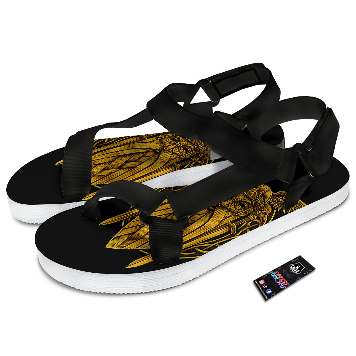 Odin God And Crow Gold Viking Print Black Open Toe Sandals-grizzshop