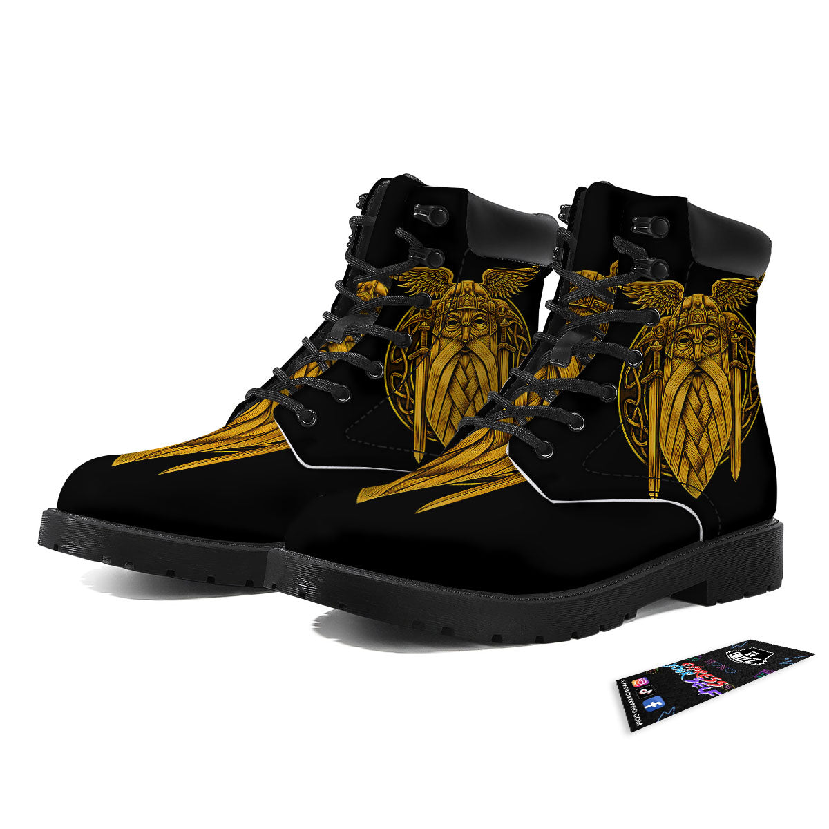 Odin God And Crow Gold Viking Print Boots-grizzshop