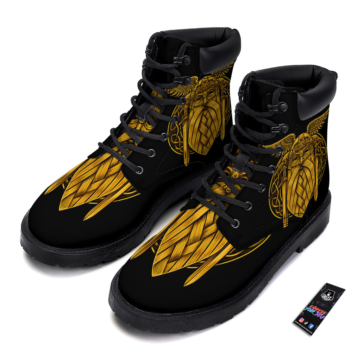Odin God And Crow Gold Viking Print Boots-grizzshop