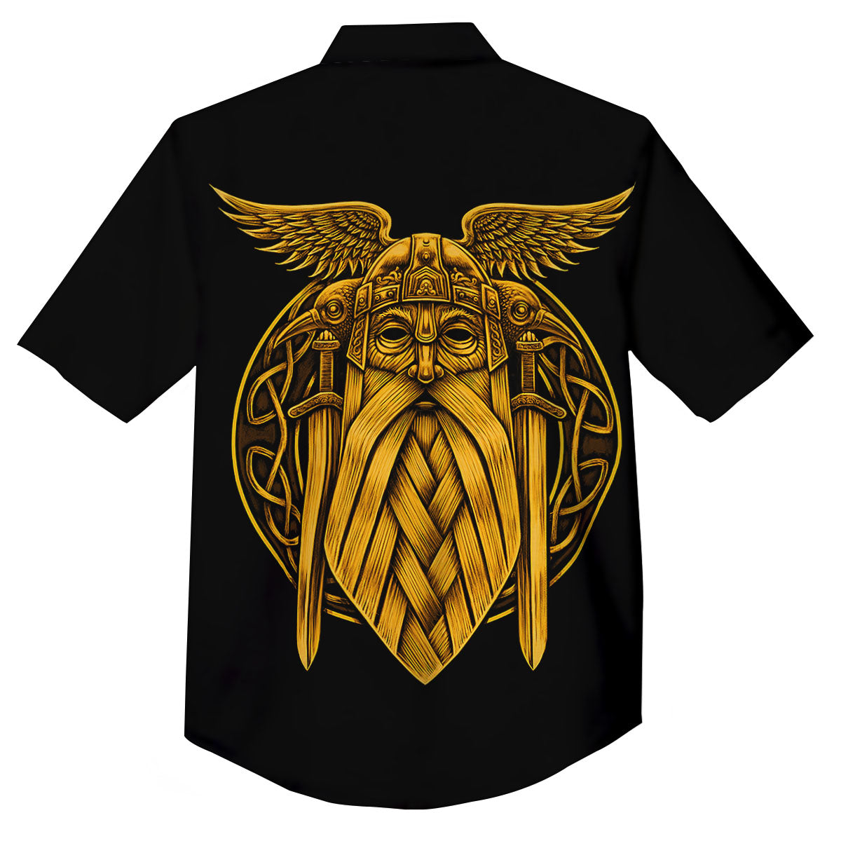 Odin God And Crow Gold Viking Print Button Up Shirt-grizzshop