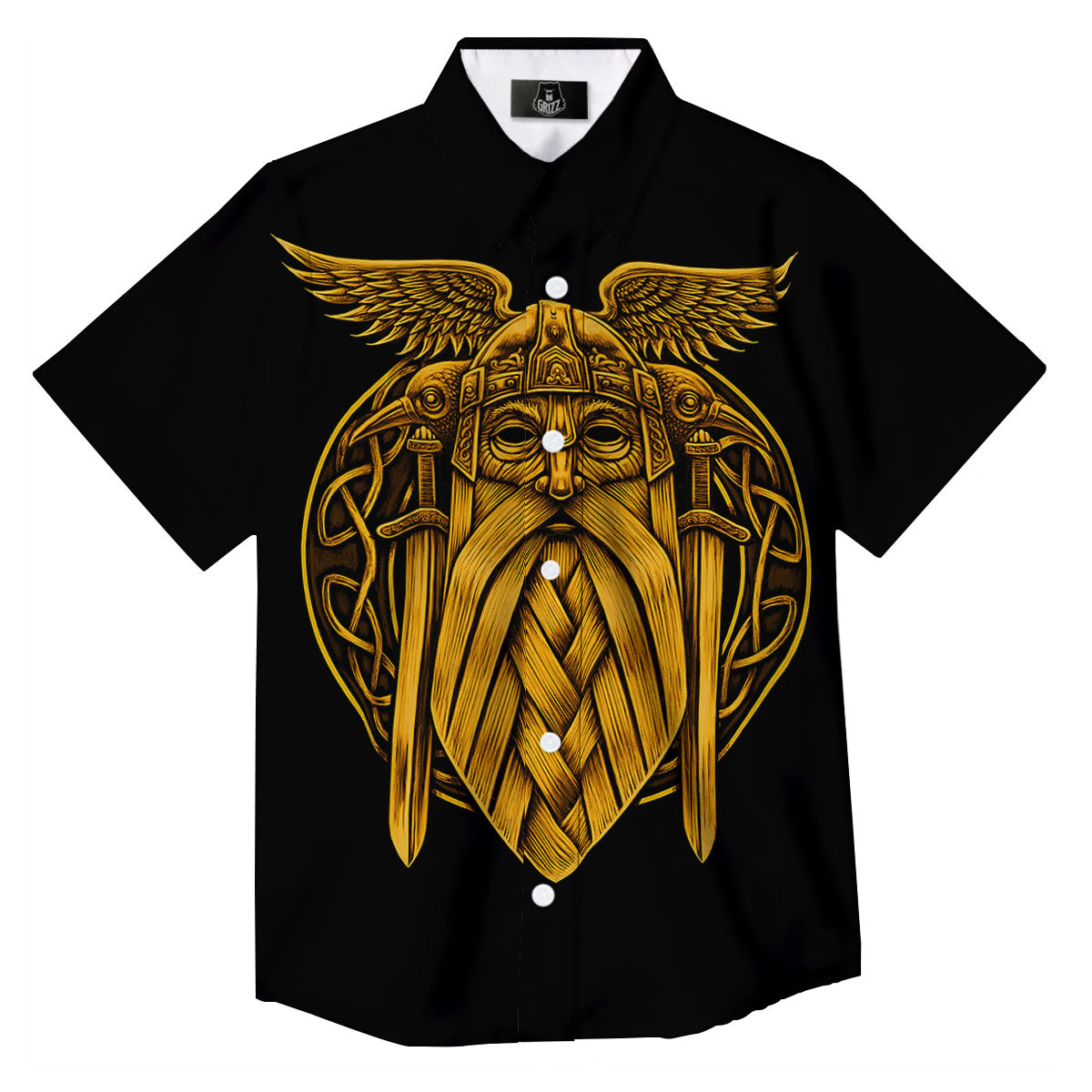 Odin God And Crow Gold Viking Print Button Up Shirt-grizzshop