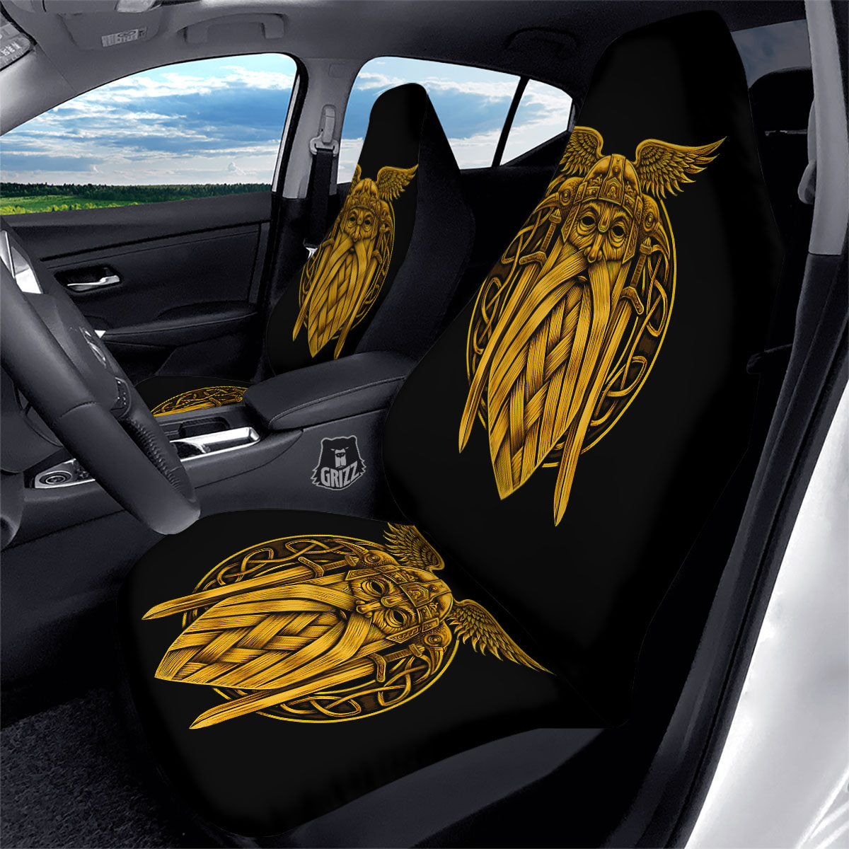 Odin God And Crow Gold Viking Print Car Seat Covers-grizzshop