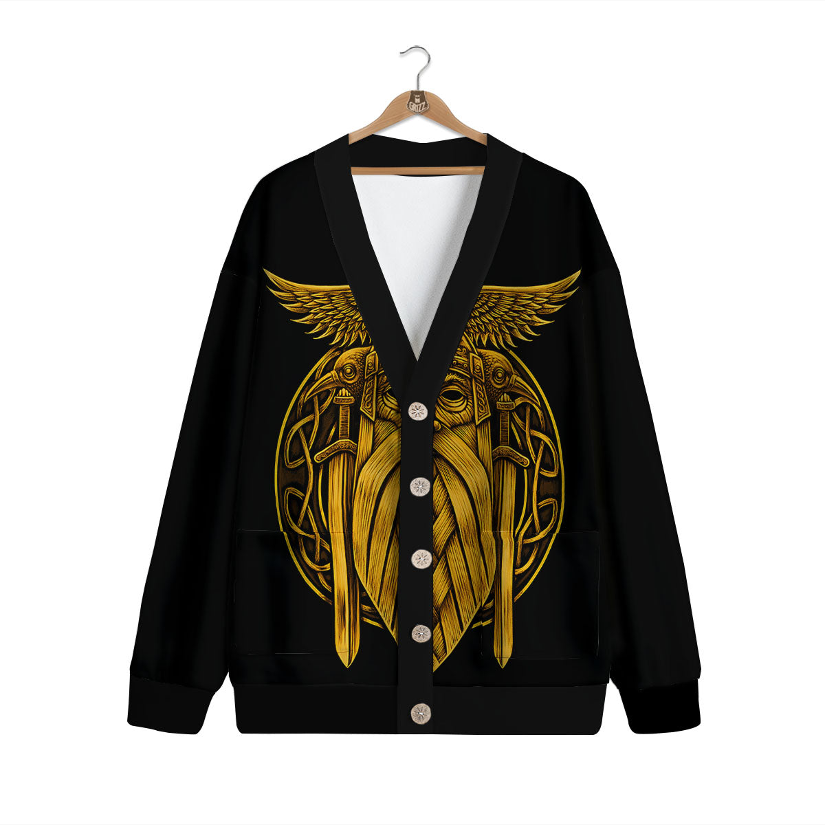 Odin God And Crow Gold Viking Print Cardigan-grizzshop