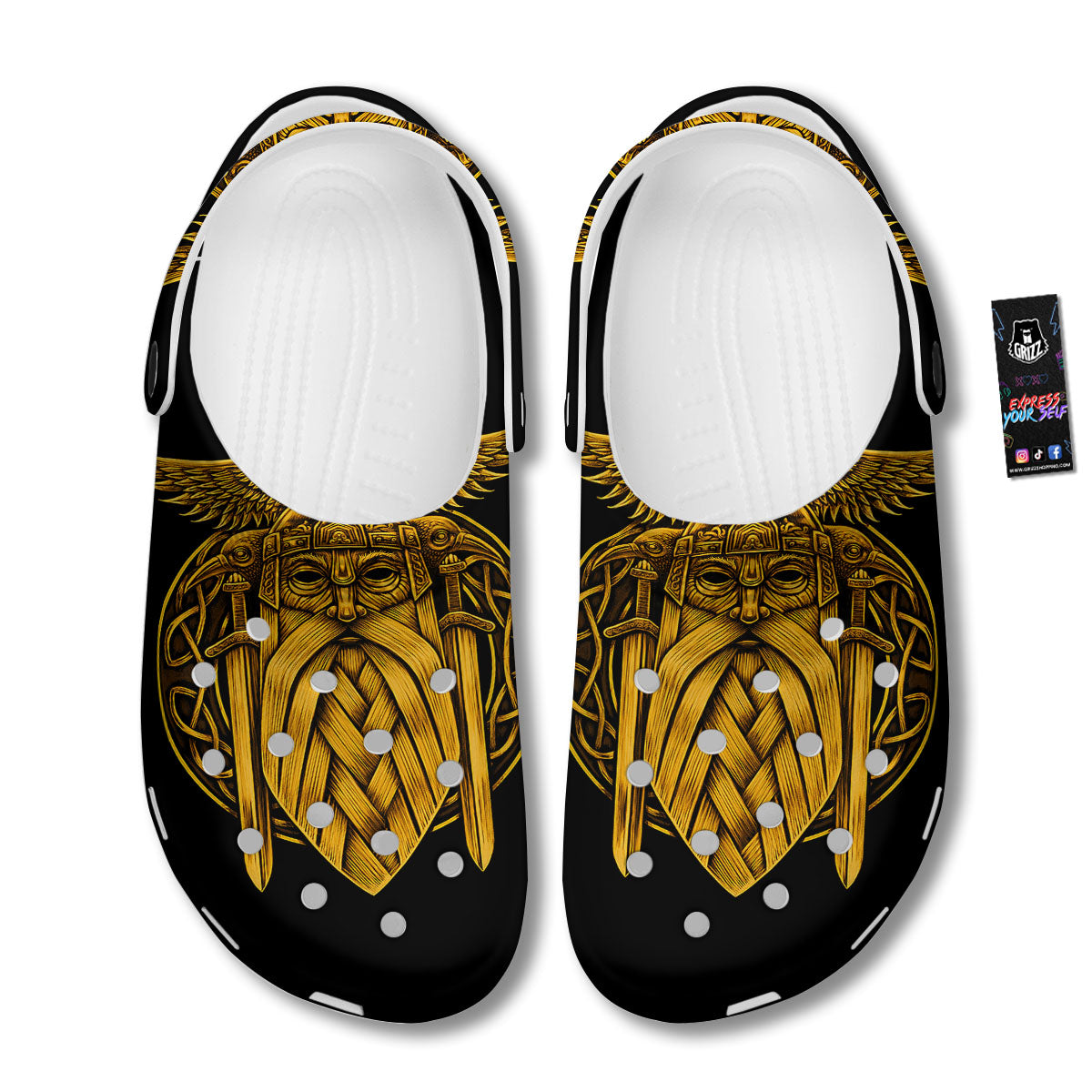 Odin God And Crow Gold Viking Print Clog-grizzshop