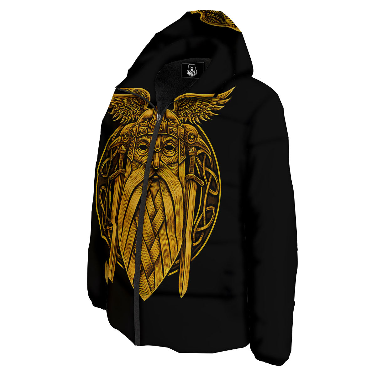 Odin God And Crow Gold Viking Print Down Jacket-grizzshop