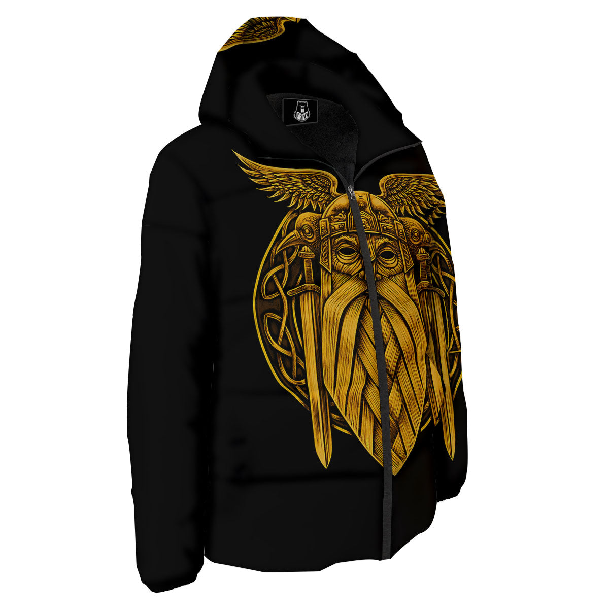 Odin God And Crow Gold Viking Print Down Jacket-grizzshop