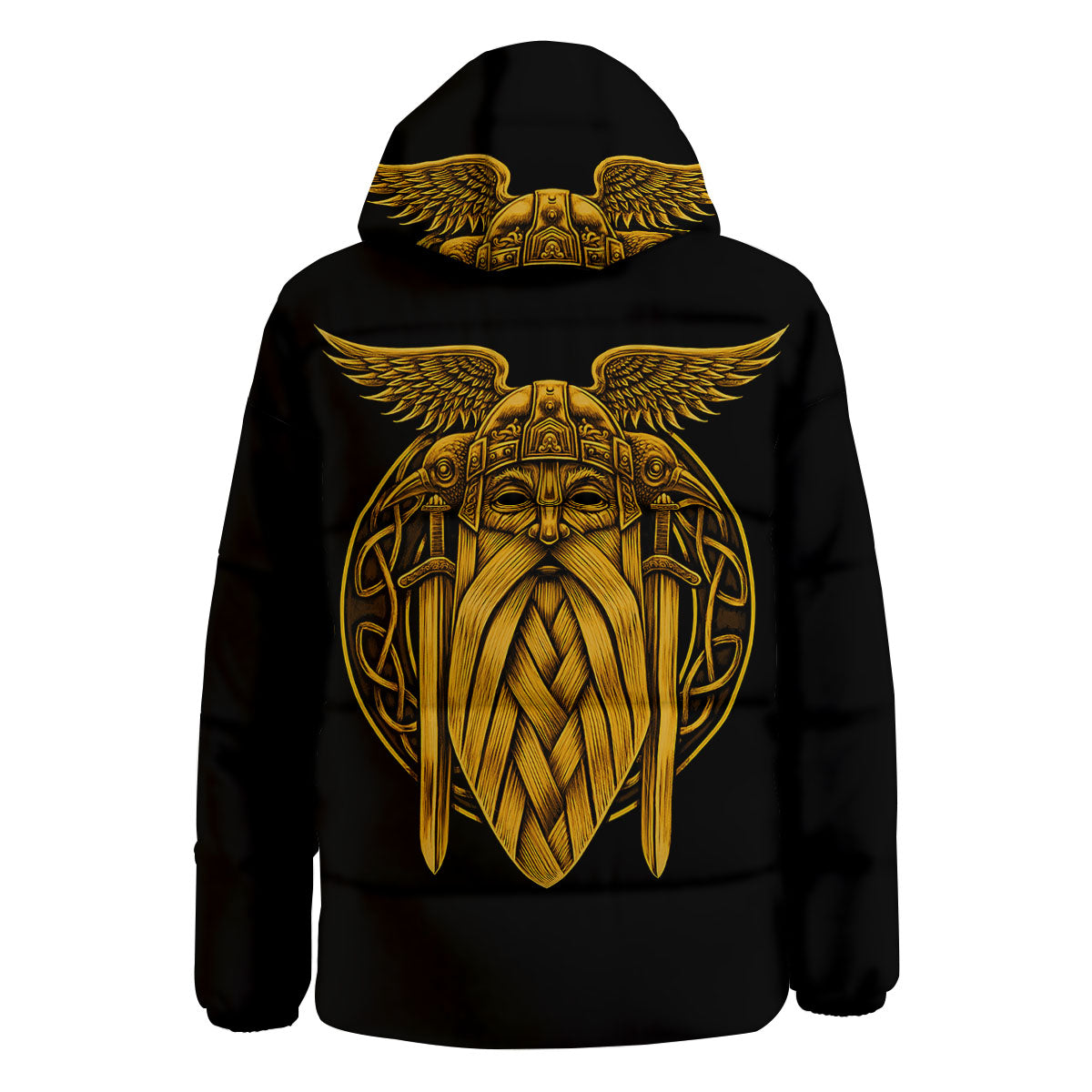 Odin God And Crow Gold Viking Print Down Jacket-grizzshop