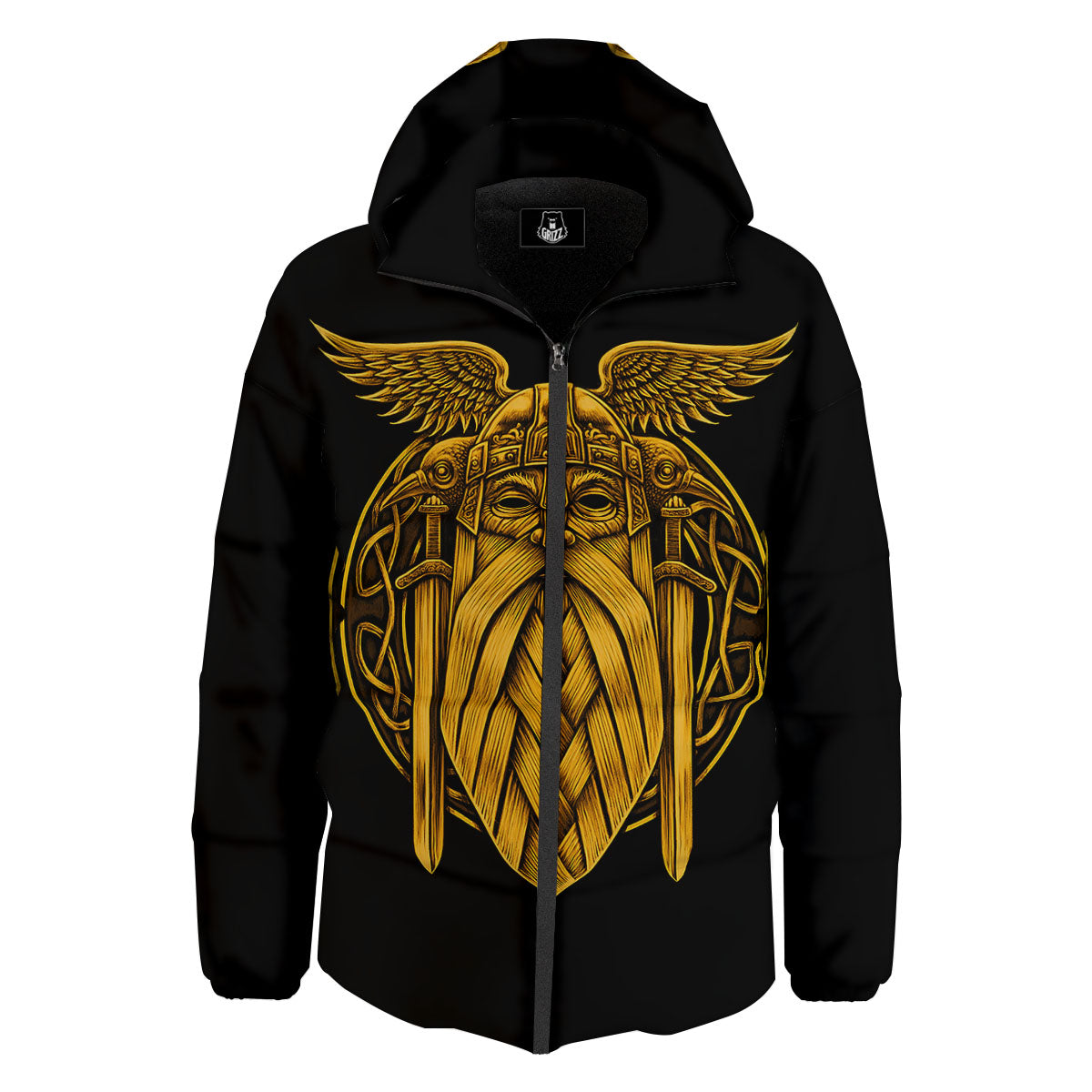 Odin God And Crow Gold Viking Print Down Jacket-grizzshop