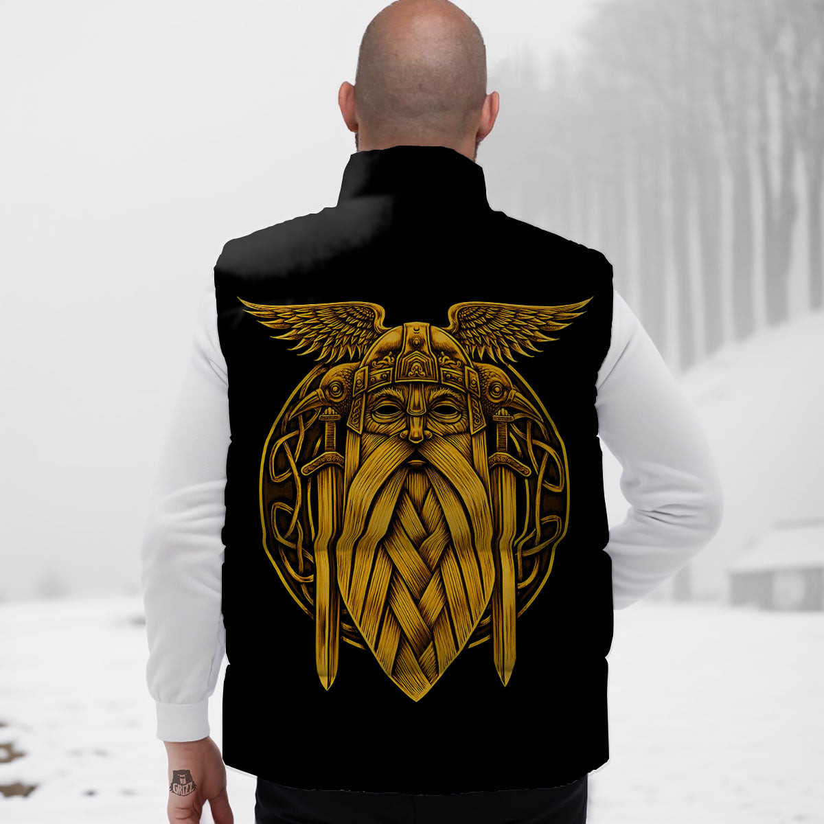 Odin God And Crow Gold Viking Print Down Vest