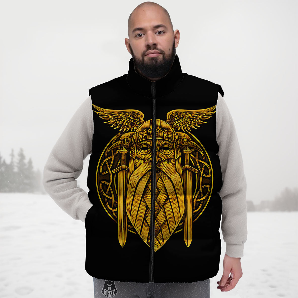 Odin God And Crow Gold Viking Print Down Vest