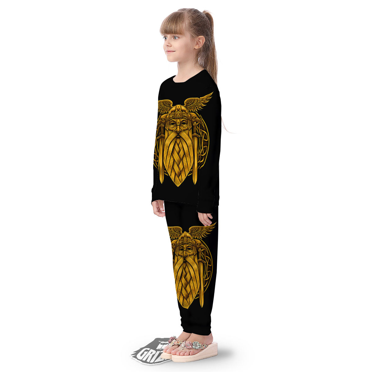 Odin God And Crow Gold Viking Print Kid's Pajamas-grizzshop