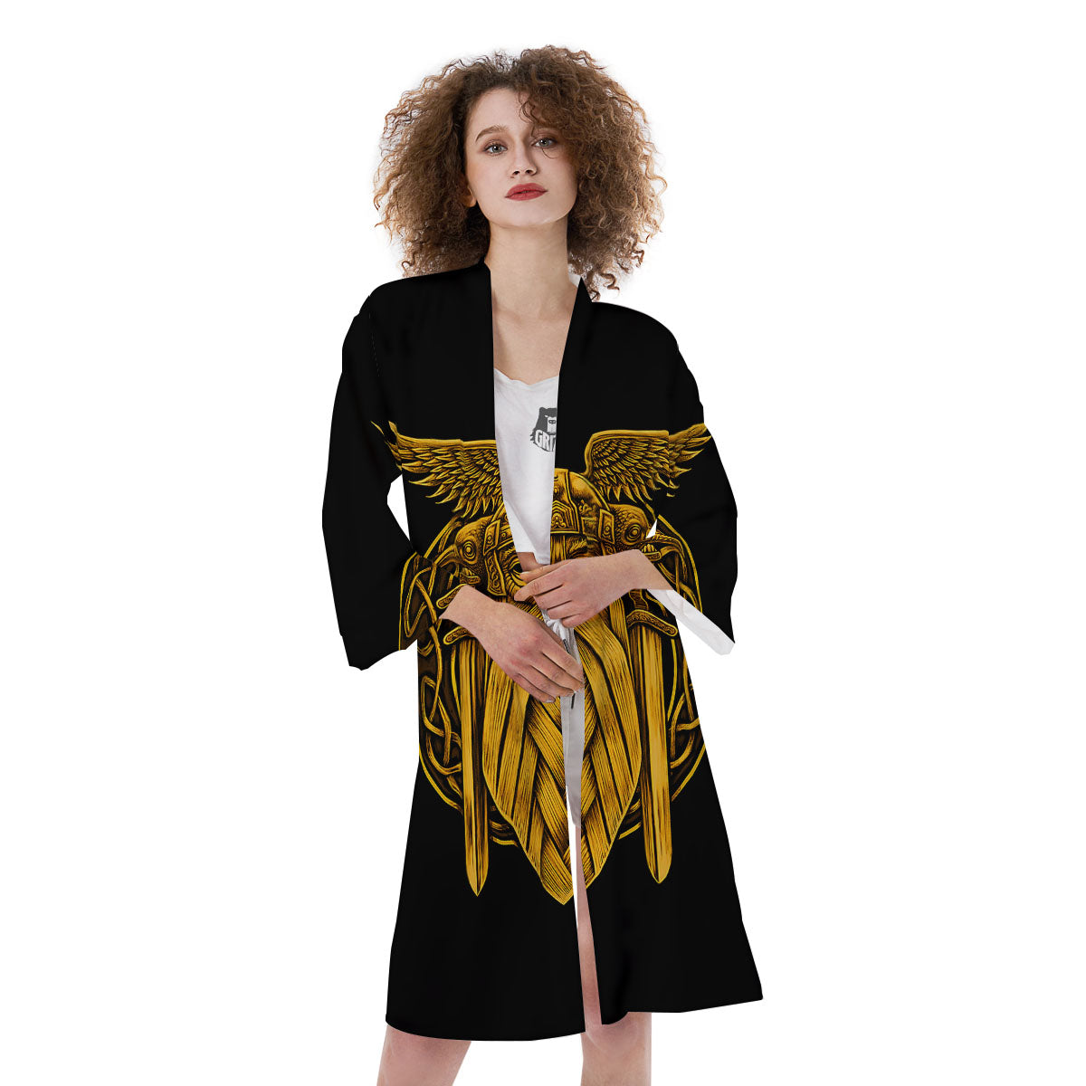 Odin God And Crow Gold Viking Print Kimono-grizzshop