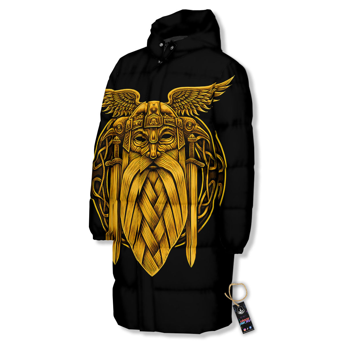 Odin God And Crow Gold Viking Print Long Down Jacket-grizzshop