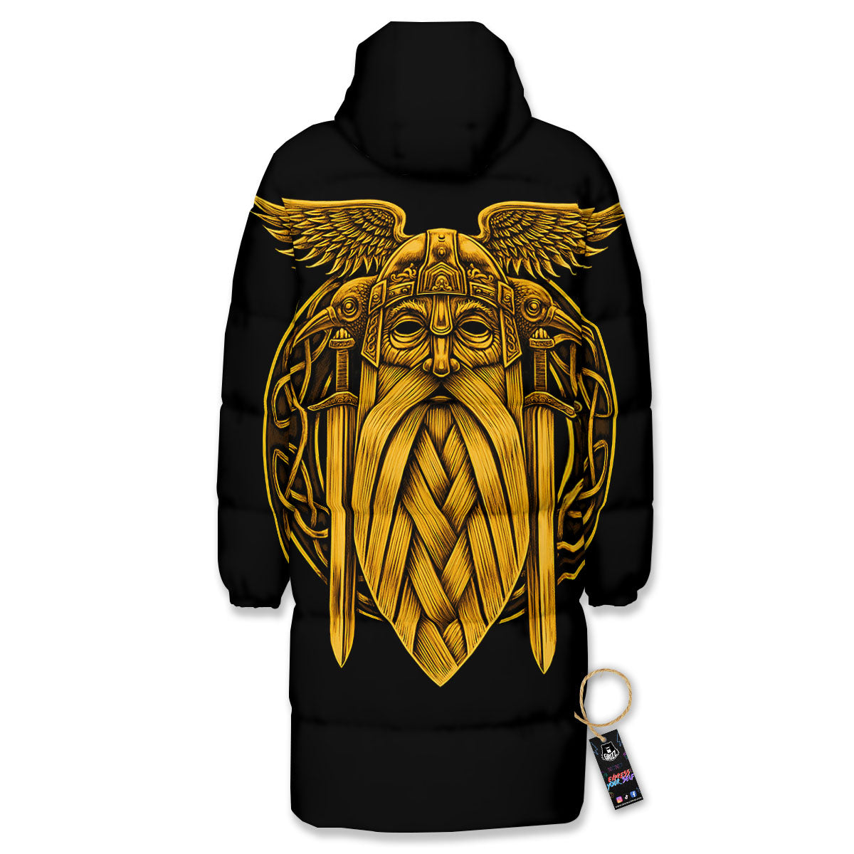 Odin God And Crow Gold Viking Print Long Down Jacket-grizzshop
