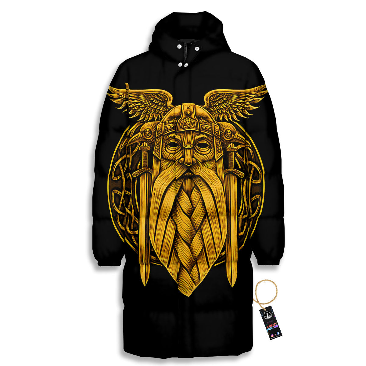 Odin God And Crow Gold Viking Print Long Down Jacket-grizzshop