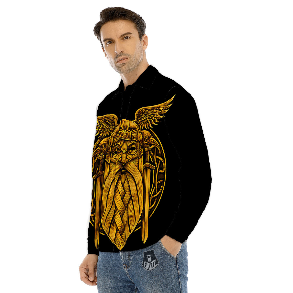 Odin God And Crow Gold Viking Print Men's Dress Shirts-grizzshop