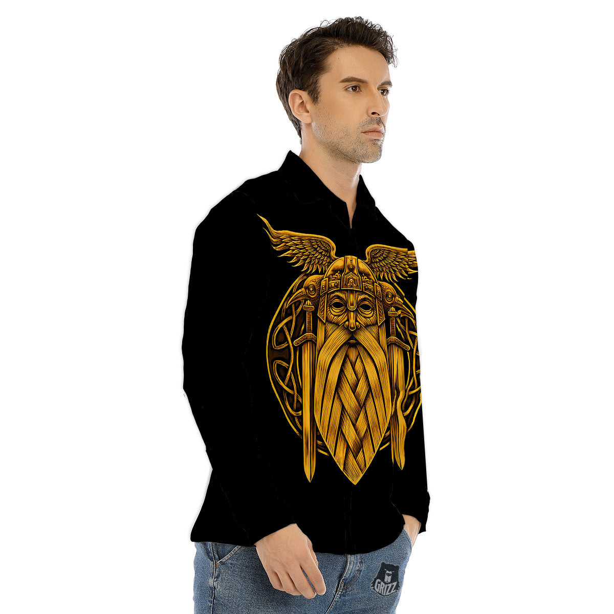 Odin God And Crow Gold Viking Print Men's Dress Shirts-grizzshop