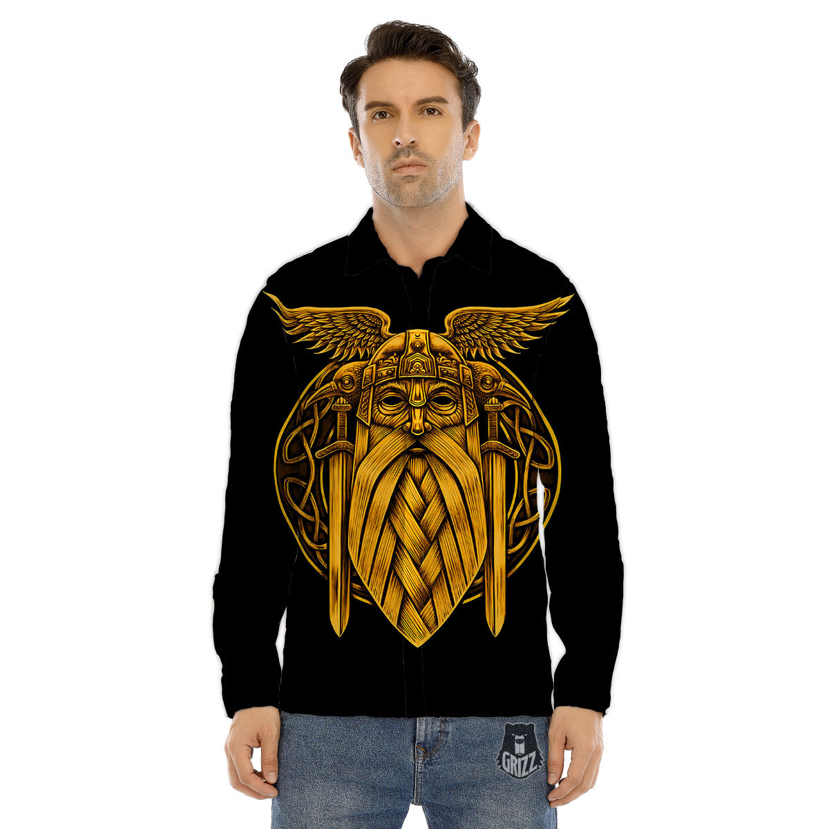 Odin God And Crow Gold Viking Print Men's Dress Shirts-grizzshop