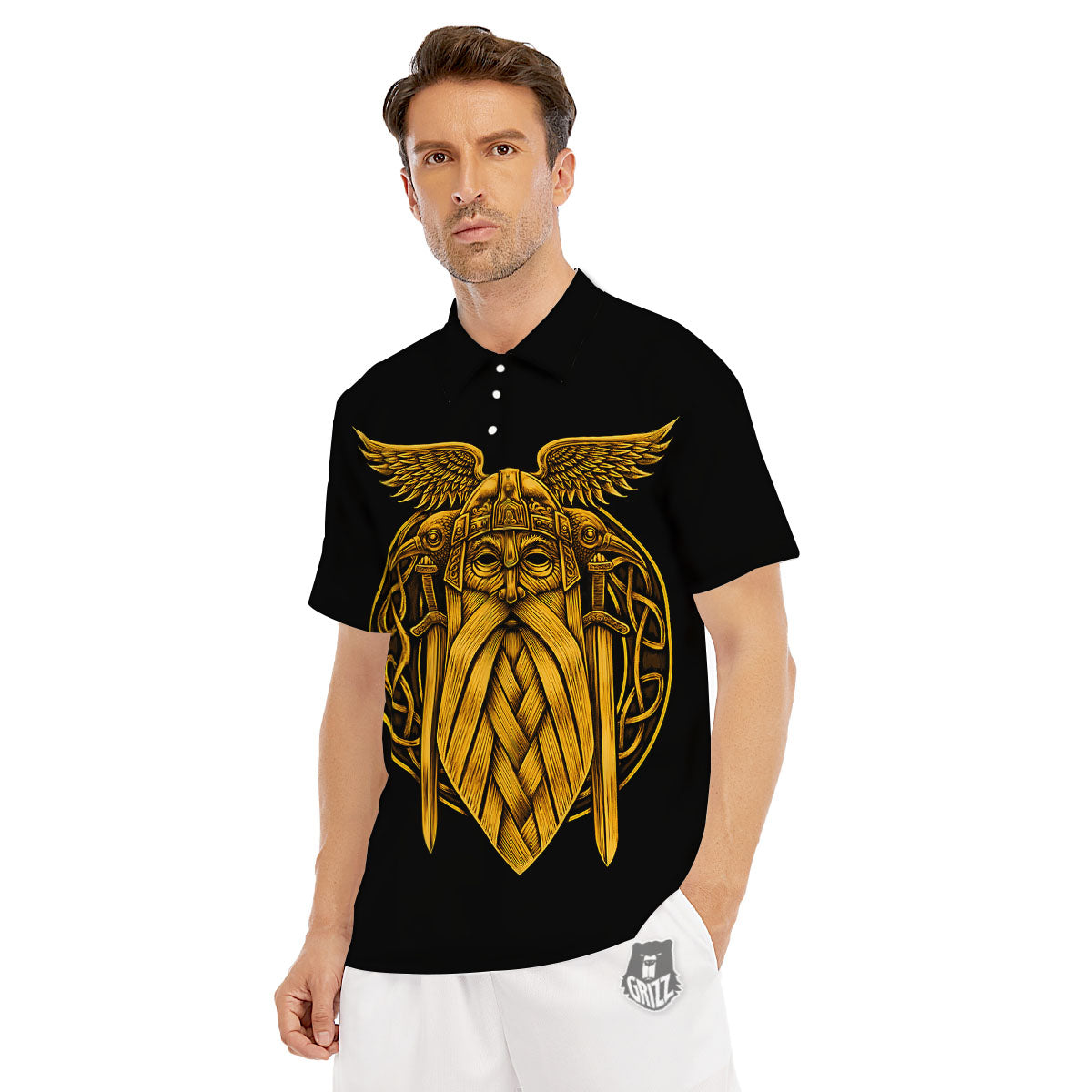 Odin God And Crow Gold Viking Print Men's Golf Shirts-grizzshop