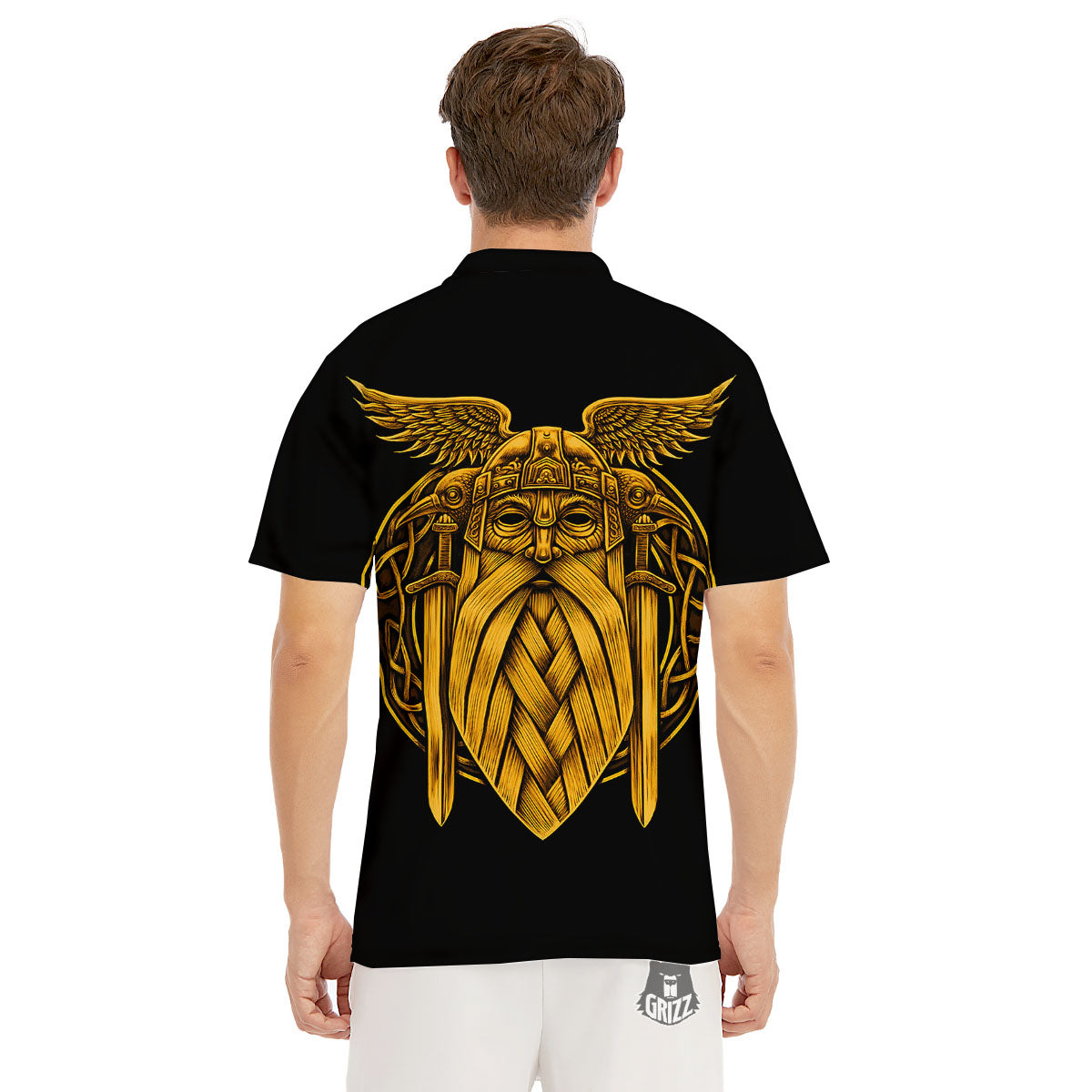Odin God And Crow Gold Viking Print Men's Golf Shirts-grizzshop
