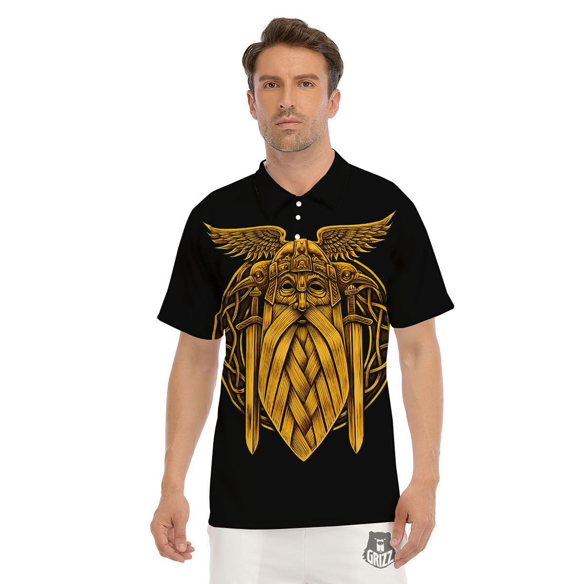 Odin God And Crow Gold Viking Print Men's Golf Shirts-grizzshop