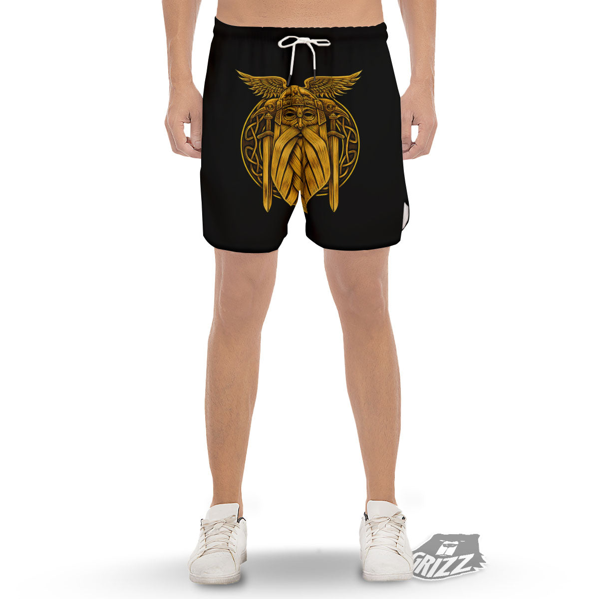 Odin God And Crow Gold Viking Print Men's Gym Shorts-grizzshop