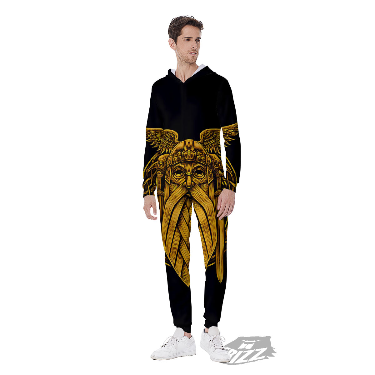 Odin God And Crow Gold Viking Print Men's Jumpsuit-grizzshop