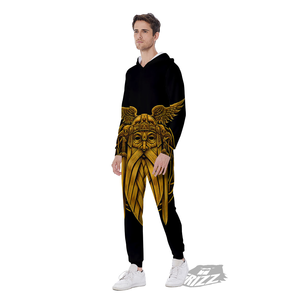 Odin God And Crow Gold Viking Print Men's Jumpsuit-grizzshop