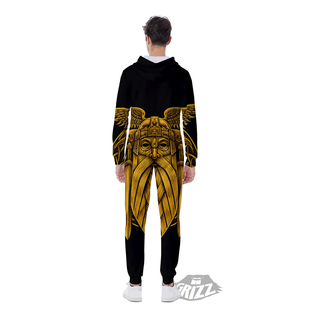 Odin God And Crow Gold Viking Print Men's Jumpsuit-grizzshop