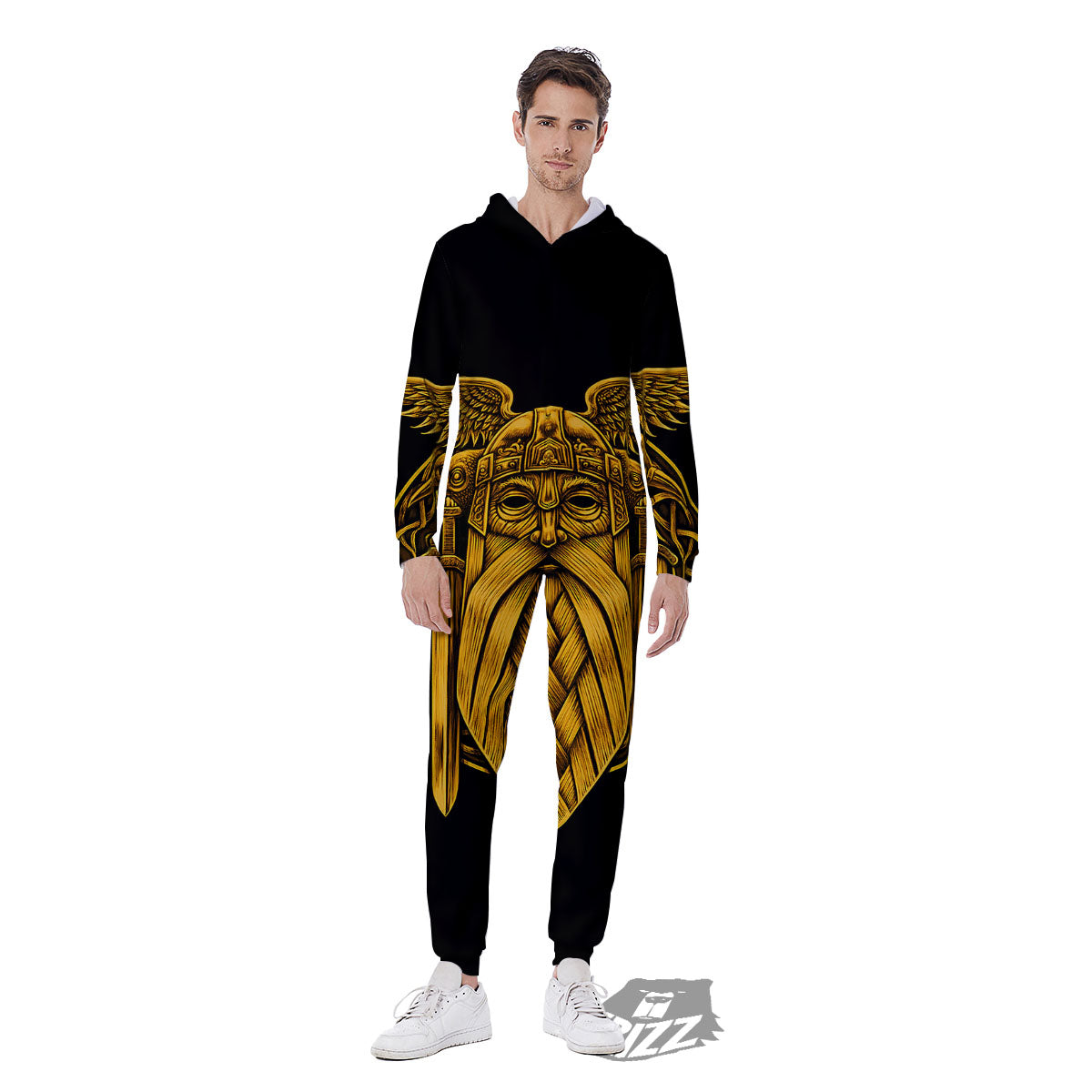 Odin God And Crow Gold Viking Print Men's Jumpsuit-grizzshop