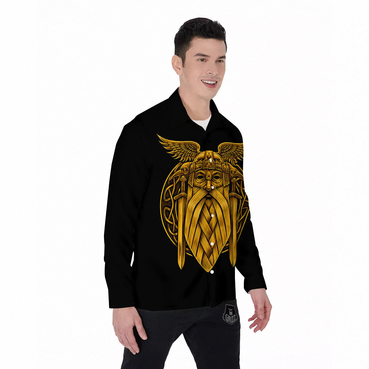 Odin God And Crow Gold Viking Print Men's Long Sleeve Shirts-grizzshop