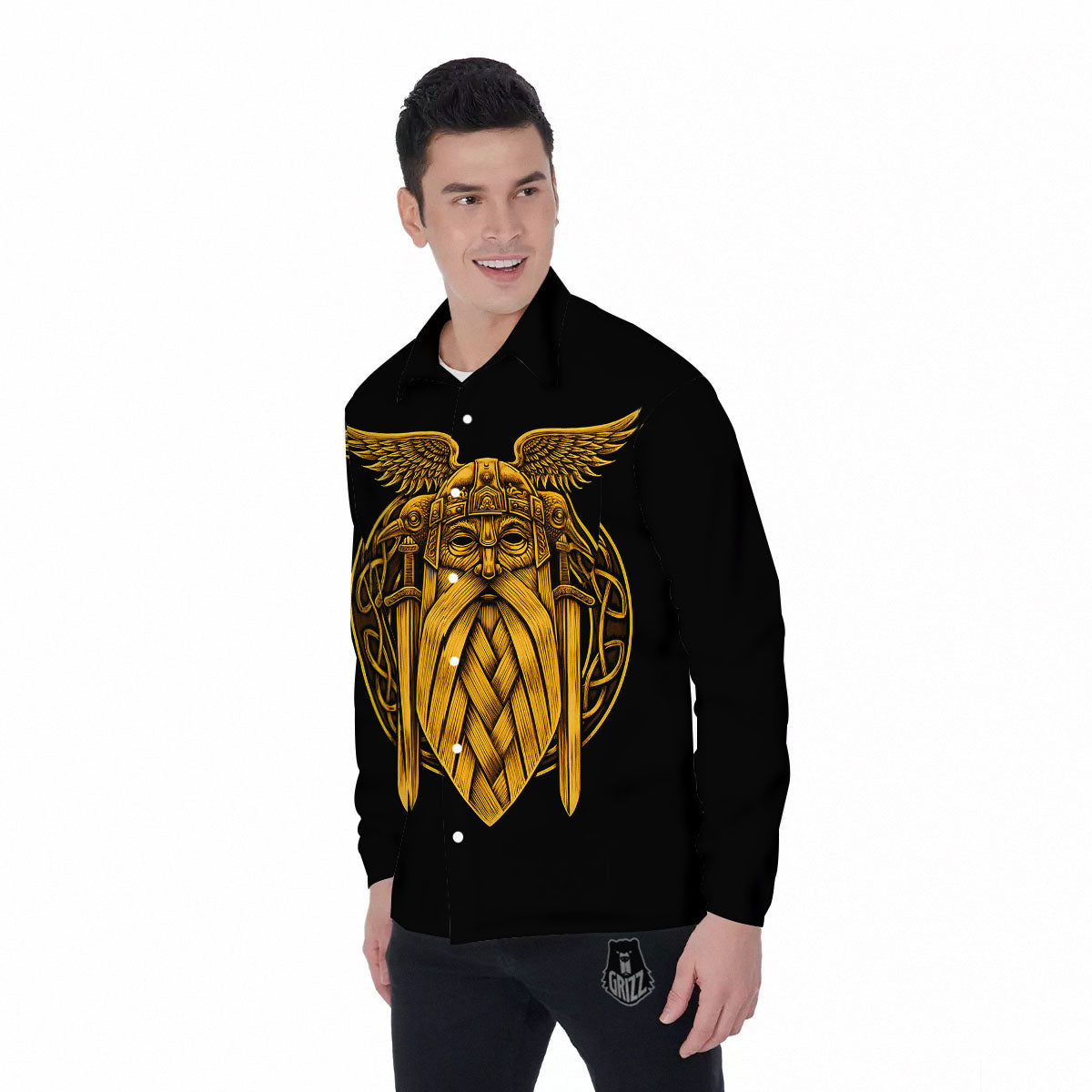 Odin God And Crow Gold Viking Print Men's Long Sleeve Shirts-grizzshop